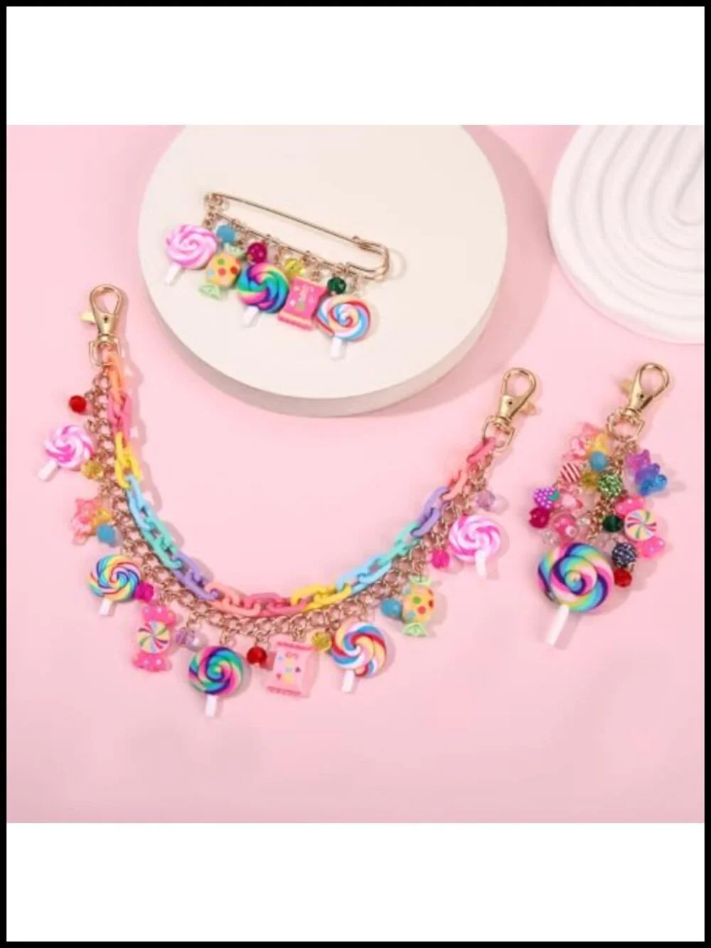 3PCS Candy Bag Charms Keychain Brooch Set